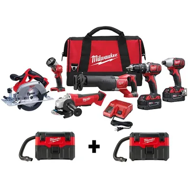 Milwaukee 2696-26-0880-20-0880-20, bundle: M18 18V Lithium-Ion Cordless Combo Tool Kit (6-Tool) with Two M18 Wet/Dry Vacuums