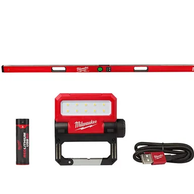 Milwaukee MLDIG72-2114-21, bundle: 72 in. REDSTICK Digital Box Level with Pin-Point Measurement Technology and 550 Lumens LED Rechargeable Flood Light