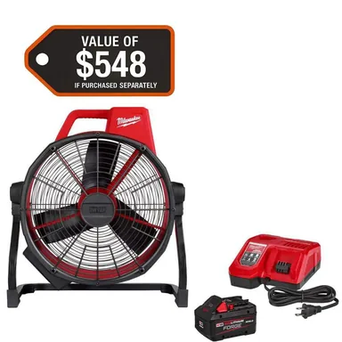 Milwaukee 0821-20-48-59-1881, bundle: M18 Brushless Cordless Hybrid 18 in. Variable Speed Fan with (1) FORGE 8.0Ah Starter Kit