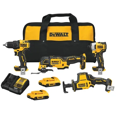 DeWalt DCK489D2, bundle: ATOMIC 20V MAX Cordless Brushless 4 Tool Combo Kit, (2) 2.0Ah Batteries, Charger, and Bag
