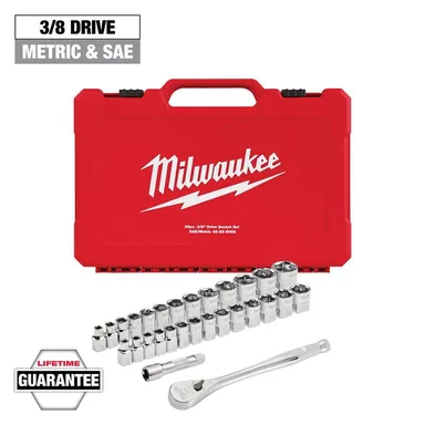 Milwaukee 48-22-9088, unpowered: 3/8 in. Drive SAE/Metric Ratchet and Socket Mechanics Tool Set (29-Piece)