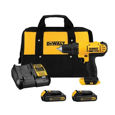 DeWalt DCD771C2, kit: 20V MAX Cordless 1/2 in. Drill/Driver, (2) 20V 1.3Ah Batteries, Charger and Bag (photograph from the Home Depot listing)