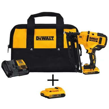 DeWalt DCN660D1wDCB203, bundle: 20V MAX XR Lithium-Ion 16-Gauge Cordless Angled Finish Nailer Kit with (2) 2.0Ah Battery Packs, Charger and Bag