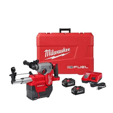 Milwaukee 2912-22DE, kit: M18 FUEL 18V Lithium-Ion Brushless 1 in. Cordless SDS-Plus Rotary Hammer/Dust Extractor Kit, Two 6.0 Ah Batteries