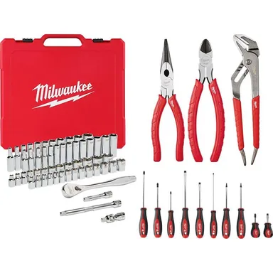Milwaukee 48-22-9008-48-22-6331-48-22-2710, bundle: 3/8 in. Drive SAE/Metric Ratchet and Socket Mechanics Tool Set with Pliers Kit and Screwdriver Set (69-Piece)