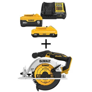 DeWalt DCS565BWCB2460C, bundle: 20V MAX Cordless Brushless 6-1/2 in. Circular Saw with 6.0 Ah and 4.0 Ah Starter Kit