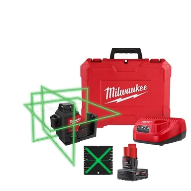 Milwaukee 3632-21, kit: M12 12-Volt Lithium-Ion Cordless Green 250 ft. 3-Plane Laser Level Kit with One 4.0 Ah Battery, Charger and Case