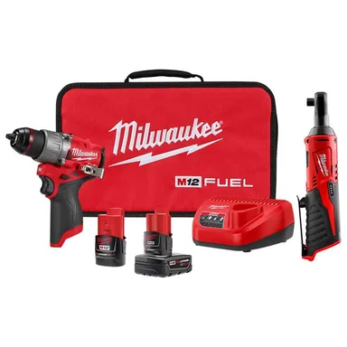 Milwaukee 3404-22-2457-20, bundle: M12 FUEL 12-Volt Lithium-Ion Brushless Cordless 1/2 in. Hammer Drill Driver Kit with M12 3/8 in. Ratchet