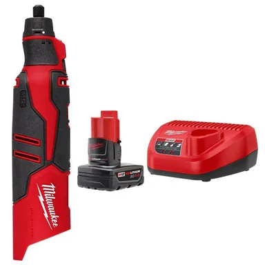Milwaukee 2525-20-48-59-2440, bundle: M12 12V Lithium-Ion Cordless Brushless Rotary Tool with (1) 4.0 Ah Battery Pack and Charger Starter Kit