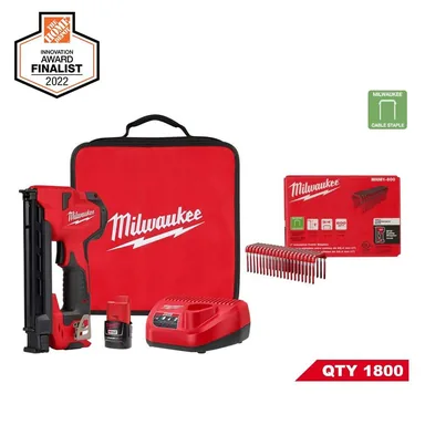 Milwaukee 2448-21-MNM1-600X3, unclassified: M12 Cordless Cable Stapler Kit with 2.0Ah Battery, Charger and Bag w/1 in. Insulated Cable Staples for 600 Per Box 3-Pk