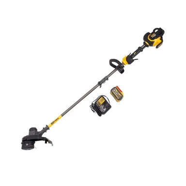 DeWalt DCST970X1S, kit: FLEXVOLT 60V MAX 15 in. Brushless Cordless Battery Powered String Trimmer Kit with (1) FLEXVOLT 3 Ah Battery and Charger (photograph from the Home Depot listing)