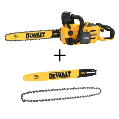 DeWalt DCCS672X1W18618, bundle: FLEXVOLT 60V MAX 18 in. Brushless Cordless Chainsaw Kit with (1) 3.0 Ah Battery and Charger w/Extra 18 in. Bar and Chain