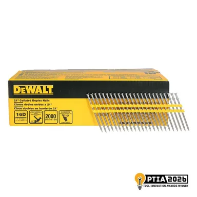 DeWalt DN350, accessory: 3-1/2 in. x 0.131 in. 21° Collated Bright Finish Duplex Nails (2000-Pack) (photograph from the Home Depot listing)