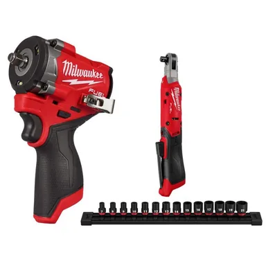 Milwaukee 2562-20-3053-20-49-66-7007, bundle: M12 FUEL 12V Lithium-Ion Brushless Cordless Stubby 3/8 in. Impact Wrench, 3/8 in. Cordless Ratchet and Socket Set