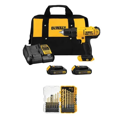 DeWalt DCD771C2WDW1361, bundle: 20V MAX Lithium-Ion Cordless 1/2 in. Drill/Driver and Drill Bit Set (21-Piece) with (2) 1.3Ah Batteries, Charger and Bag