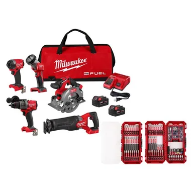 Milwaukee 3697-25-48-32-5150, bundle: M18 FUEL 18V Li-Ion Cordless Combo Kit (5-Tool) with Two 5.0 Ah Batteries, 1 Charger 1 Tool Bag w/SHOCKWAVE Bit (100-Pc)