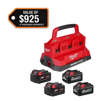 Milwaukee 48-59-1865POC, accessory: M18 18-Volt Lithium-Ion Battery Pack (2) 5.0Ah and High Output Battery Pack (2) 6.0Ah with PACKOUT 6-Port Rapid Charger
