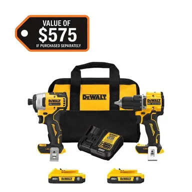 DeWalt DCK225D2, bundle: ATOMIC 20-Volt MAX Lithium-Ion Cordless Combo Kit (2-Tool) with (2) 2.0Ah Batteries, Charger and Bag (photograph from the Home Depot listing)