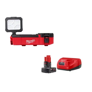 Milwaukee 2356-20-48-59-2440, bundle: M12 12-Volt Lithium-Ion Cordless PACKOUT Flood Light with USB Charging and M12 4.0Ah Starter Kit