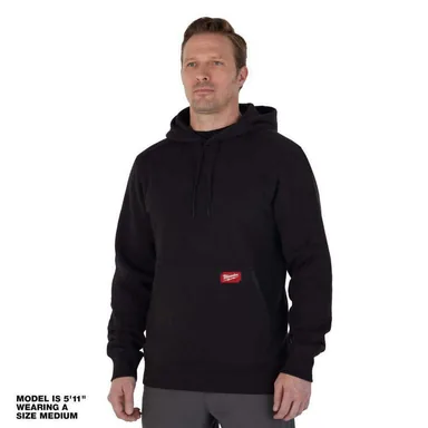 Milwaukee 351B-XL, unpowered: Men's X-Large Black Midweight Cotton/Polyester Long-Sleeve Pullover Hoodie (photograph from the Home Depot listing)