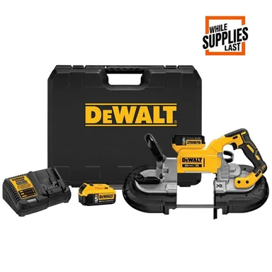 DeWalt DCS374P2, kit: 20V MAX XR Cordless Brushless Deep Cut Band Saw with (2) 20V 5.0Ah Batteries and Charger (photograph from the Home Depot listing)