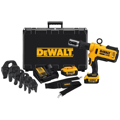 DeWalt DCE200M2K, kit: 20V MAX Cordless Press Tool, (6) Press Jaws Sized 1/2 in. to 2 in., (2) 20V 4.0Ah Batteries, and Charger (photograph from the Home Depot listing)