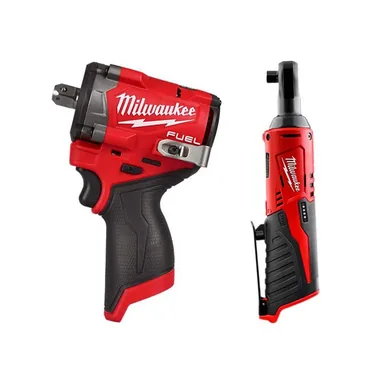 Milwaukee 2563P-20-2457-20, bundle: M12 FUEL 12V Lithium-Ion Brushless Cordless Stubby 1/2 in. Impact Wrench with Pin Detent with M12 3/8 in. Ratchet