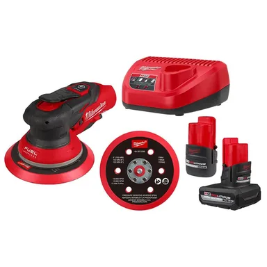 Milwaukee 2585-22CX, kit: M12 FUEL 12-Volt Li-Ion Brushless Cordless 6 in. Random Orbital Sander Kit (3/16 in) w M12 XC 5.0Ah & CP 2.5Ah Batteries (photograph from the Home Depot listing)