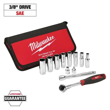 Milwaukee 48-22-9000, unpowered: 3/8 in. Drive SAE Ratchet & Socket Set (12-Piece)