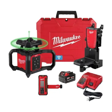 Milwaukee 3702-21, kit: M18 1000 ft. Green Interior Rotary Laser Level Kit with Remote/Receiver, Wall Mount Bracket, and Receiver Clamp