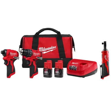 Milwaukee 3494-22-2457-20, bundle: M12 12-Volt Lithium-Ion Brushless Cordless Subcompact Drill and Impact Driver Combo Kit w/ 3/8 in. Ratchet (3-Tool)