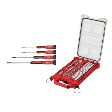 Milwaukee 48-22-2604-48-22-9481, bundle: 4-Piece Precision Screwdriver Set & 3/8 in. Drive SAE Ratchet and Socket Mechanics Tool Set with PACKOUT Case (32-Piece)