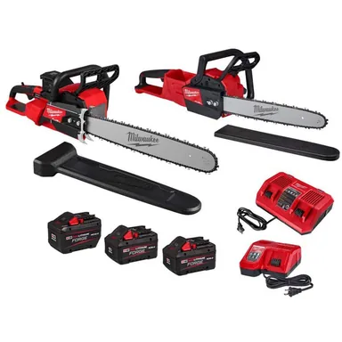 Milwaukee 2827-22-2727-21HD, bundle: M18 FUEL 18V Brushless Cordless 20 in. Dual Battery Chainsaw w/ 16 in. Chainsaw, (3) FORGE Batteries, (2) Charger