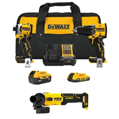 DeWalt DCK200D1P1W407B, bundle: ATOMIC 20V MAX Lithium-Ion Cordless 2-Tool Combo Kit and 4-1/2 in. Angle Grinder with 5Ah & 2Ah Batteries, Charger & Bag