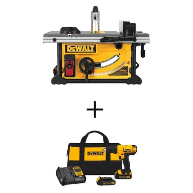 DeWalt DWE7491RSW771C2, bundle: 15 Amp Corded 10 in. Job Site Table Saw with Rolling Stand with 20V 1/2 in. Drill/Driver, Two 1.3Ah Batteries & Charger