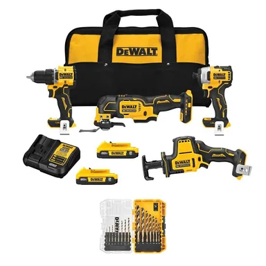 DeWalt DCK486D2WWA1195, bundle: ATOMIC 20V Lithium-Ion Cordless Brushless Combo Kit (4-Tool) and Drill Bits (15-Pc) w/ (2) 2Ah Batteries, Charger & Bag