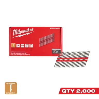 Milwaukee MDP16D-2000, unclassified: 16D 3 in. x .131 in. Collated 21-Degree Duplex Nails for M18 FUEL Duplex Nailer (2000-Count)