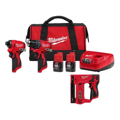 Milwaukee 3494-22-2447-20, bundle: M12 12-Volt Lithium-Ion Brushless Cordless Subcompact Drill and Impact Driver Combo Kit w/ 3/8 in Crown Stapler (3-Tool)