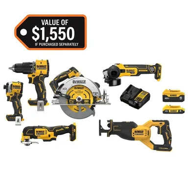 DeWalt DCK650D1P1, bundle: 20V MAX Lithium-Ion Cordless 6-Tool Combo Kit with 5.0 Ah and 2.0 Ah Batteries and Charger