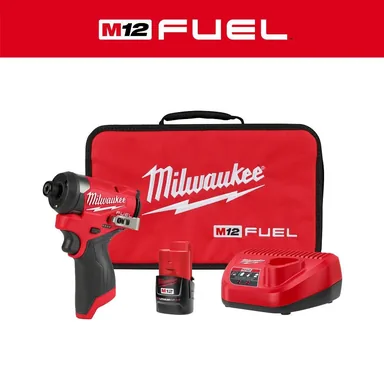 Milwaukee 3453-21, kit: M12 FUEL 12-Volt Lithium-Ion Brushless Cordless 1/4 in. Hex Impact Driver Compact Kit W 2.0Ah Battery and Bag (photograph from the Home Depot listing)