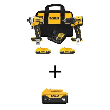 DeWalt DCK225D2WDCB205, bundle: ATOMIC 20V MAX Lithium-Ion Cordless Combo Kit (2-Tool) with Premium 5.0Ah Battery, (2) 2.0Ah Batteries, Charger and Bag