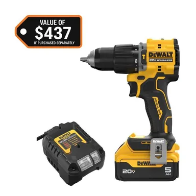 DeWalt DCD799P1, kit: ATOMIC 20V Lithium-Ion Cordless 1/2 in. Hammer Drill Kit with 5.0 Ah Battery and Charger (photograph from the Home Depot listing)