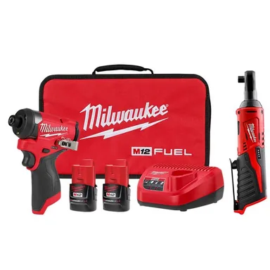 Milwaukee 3453-22-2457-20, bundle: M12 FUEL 12-Volt Lithium-Ion Brushless Cordless 1/4 in. Hex Impact Driver Kit with M12 3/8 in. Ratchet
