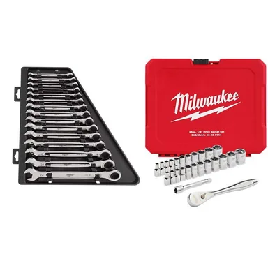 Milwaukee 48-22-9516-48-22-9044, bundle: Metric Ratcheting Combination Wrench Set with 1/4 in. Drive SAE/Metric Ratchet and Socket Mechanics Tool Set (40-Piece)