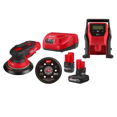 Milwaukee 2584-22CX-2475-20, bundle: M12 FUEL 12-Volt Li-Ion Brushless Cordless 6 in. Random Orbital Sander Kit (3/32 in) w5.0Ah, 2.5Ah Batteries,&Inflator