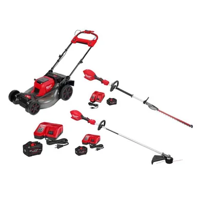 Milwaukee 2823-20-3043-21-3046-21HD-48-59-1300, bundle: M18 FUEL Brushless Cordless 21 in Dual Battery Self-Propelled Mower w/ Hedge Trimmer, String Trimmer, FORGE Starter Kit