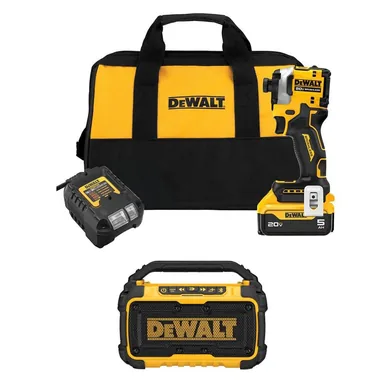 DeWalt DCF850P1WDCR010, bundle: ATOMIC 20V MAX Lithium-Ion Cordless 1/4 in. Brushless Impact Driver Kit and Bluetooth Speaker w/5Ah Battery and Charger