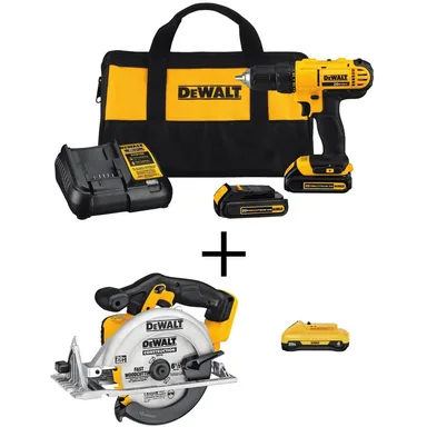DeWalt DCD771C2WDCS391, bundle: 20V MAX Cordless 1/2 in. Drill/Driver, 6-1/2 in. Circular Saw, (2) 20V 1.3Ah Batteries, (1) 20V 4.0Ah Battery, & Charger
