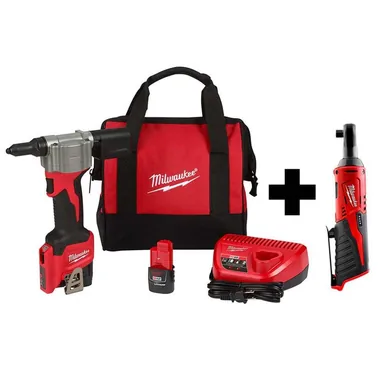 Milwaukee 2550-22-2457-20, bundle: M12 12-Volt Lithium-Ion Cordless Rivet Tool Kit with M12 3/8 in. Ratchet