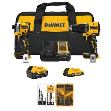 DeWalt DCK200D1P1WMD44, bundle: ATOMIC 20-Volt MAX Lithium-Ion Cordless 2-Tool Combo Kit and Drill Bit Set (44-Piece) 5Ah, 2Ah Batteries Charger Kit Bag